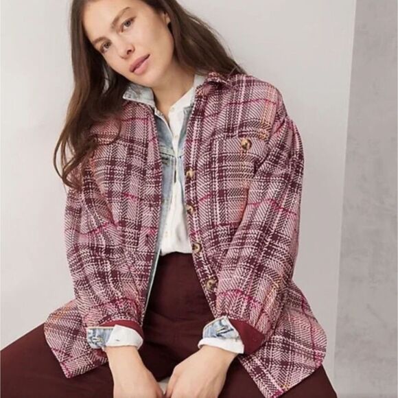 Anthropologie Hudson Plaid Shirt Jacket Shacket in Pink Maroon Sz XS Thick - Picture 1 of 11